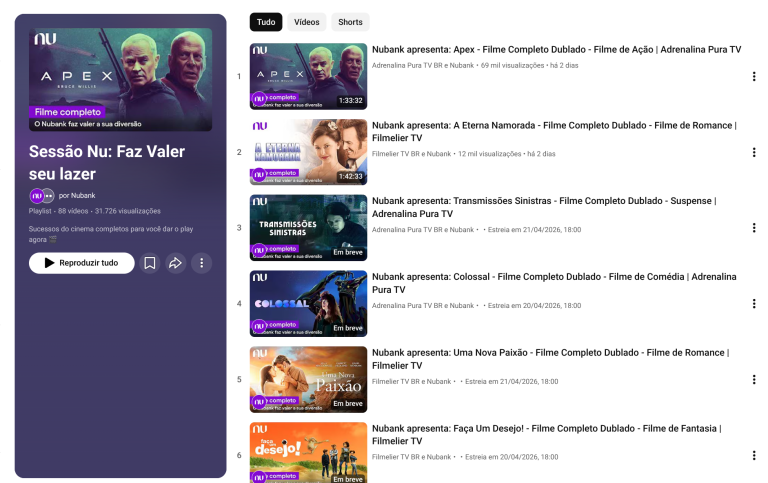 Nubank amplia Sessão Nu no YouTube com filmes gratuitos e sem interrupções